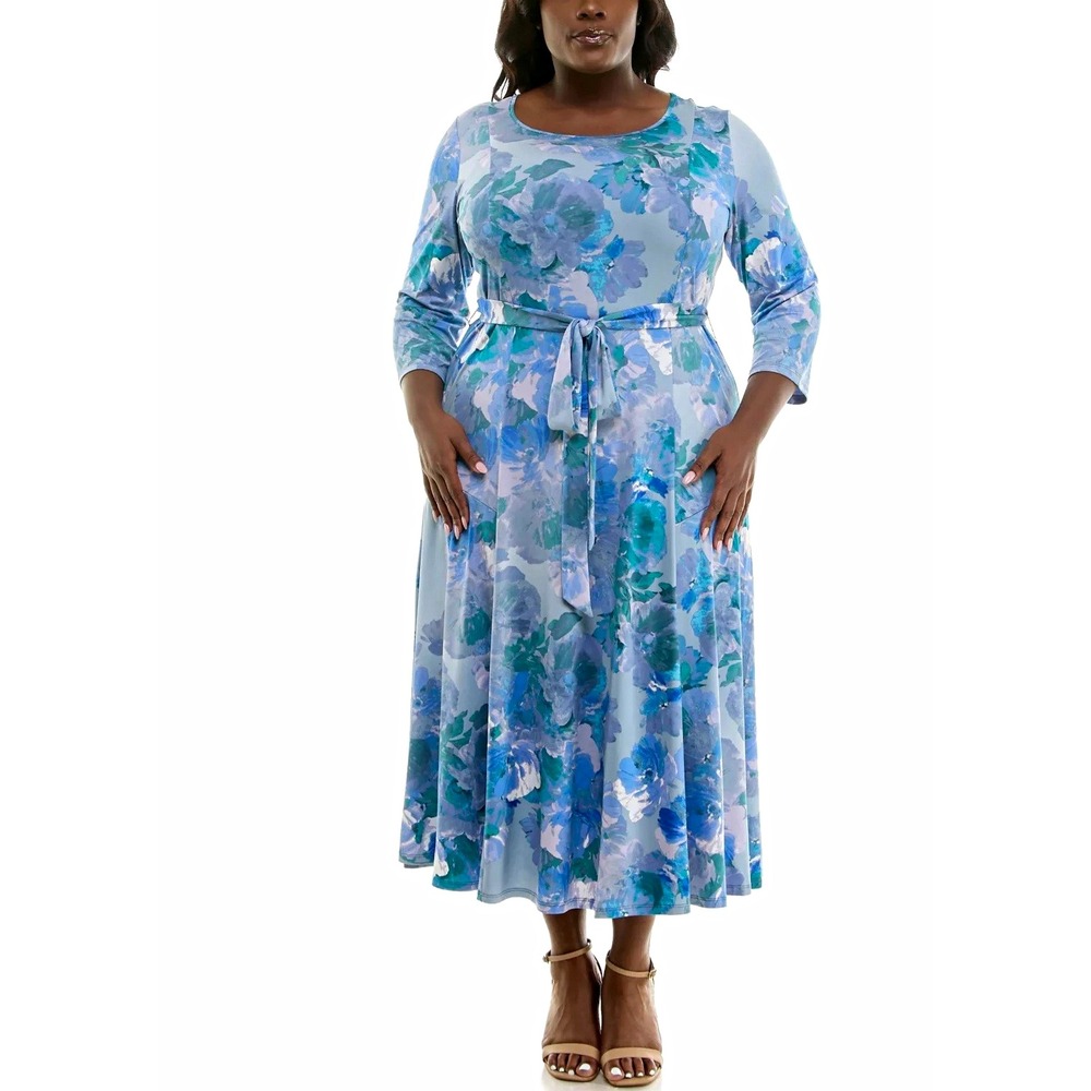 Nina Leonard Womens Blue Floral Stretch Belted A-Line Midi Dress Size 1X